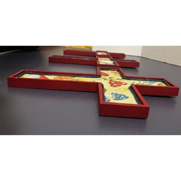 3 MCM Hand Made Painted Decorative Wooden Cross’s gnome and mushroom Design 70's - Picture 9 of 16